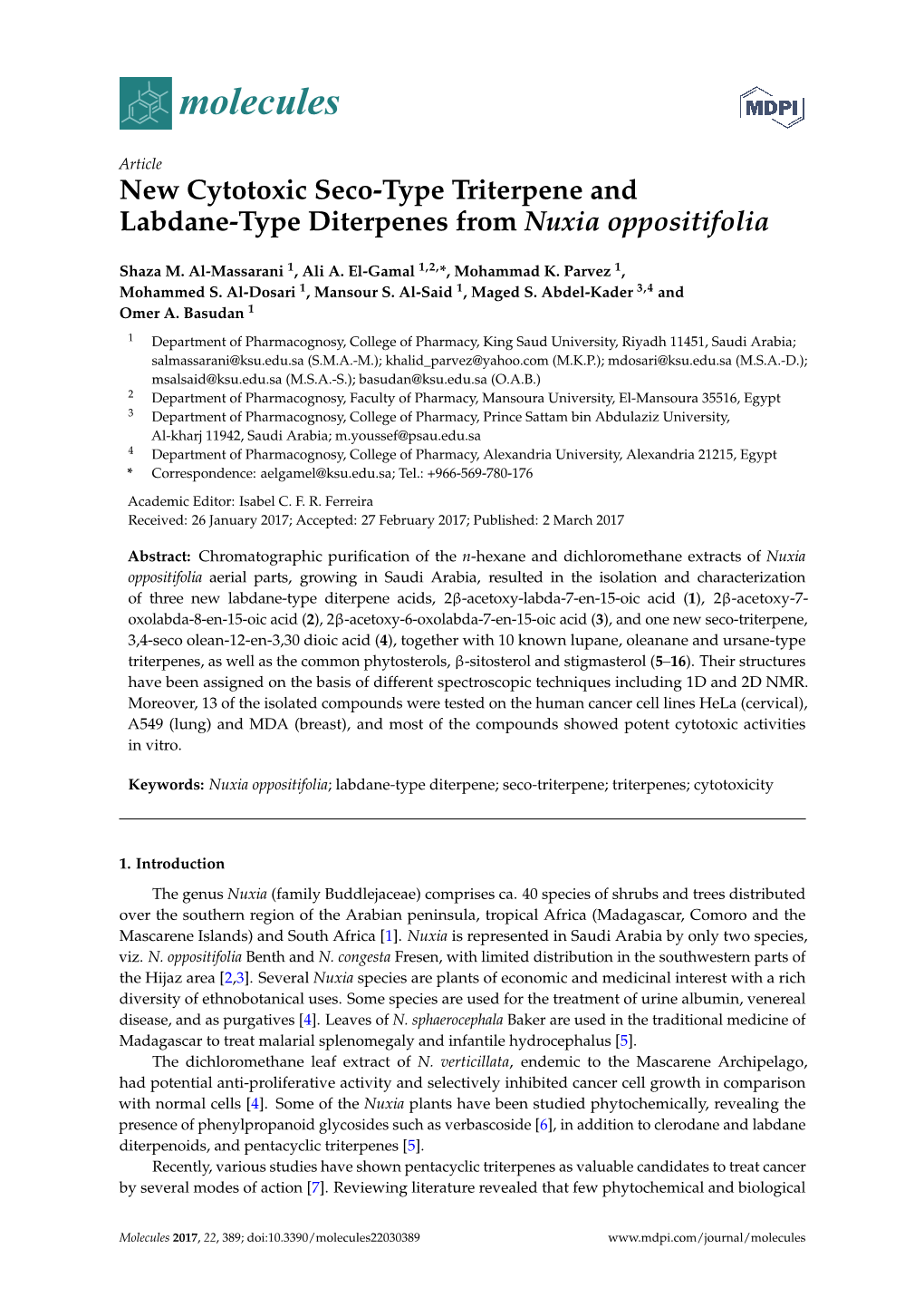 New Cytotoxic Seco-Type Triterpene and Labdane-Type Diterpenes from Nuxia Oppositifolia