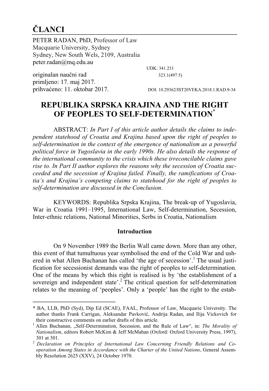 Članci Republika Srpska Krajina and the Right of Peoples to Self-Determination*