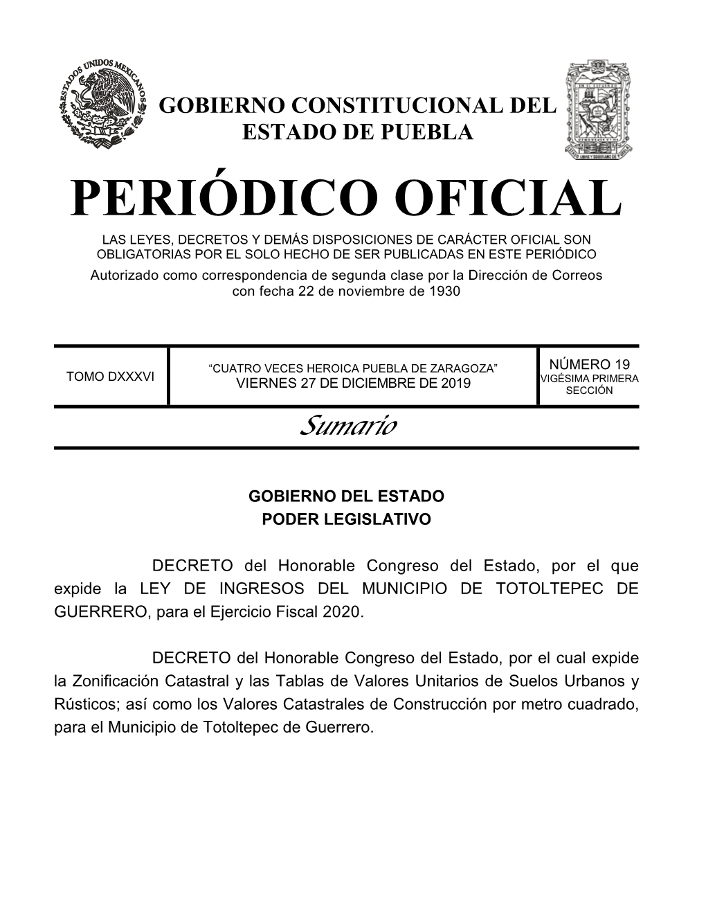 LEY DE INGRESOS DEL MUNICIPIO DE TOTOLTEPEC DE GUERRERO, Para El Ejercicio Fiscal 2020