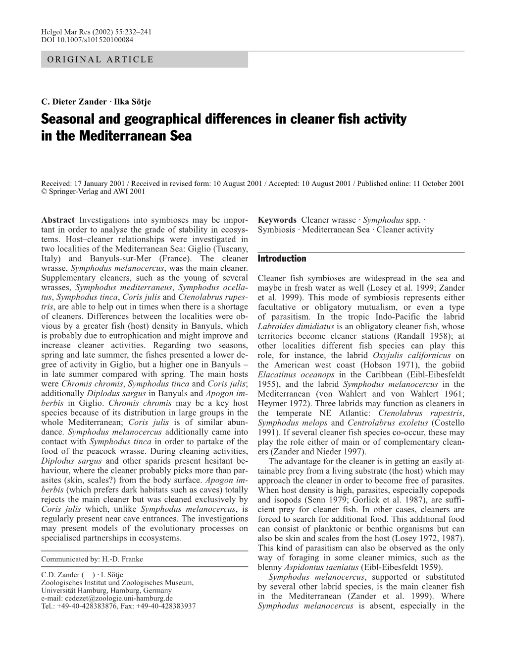 Seasonal and Geographical Differences in Cleaner Fish Activity in the Mediterranean Sea