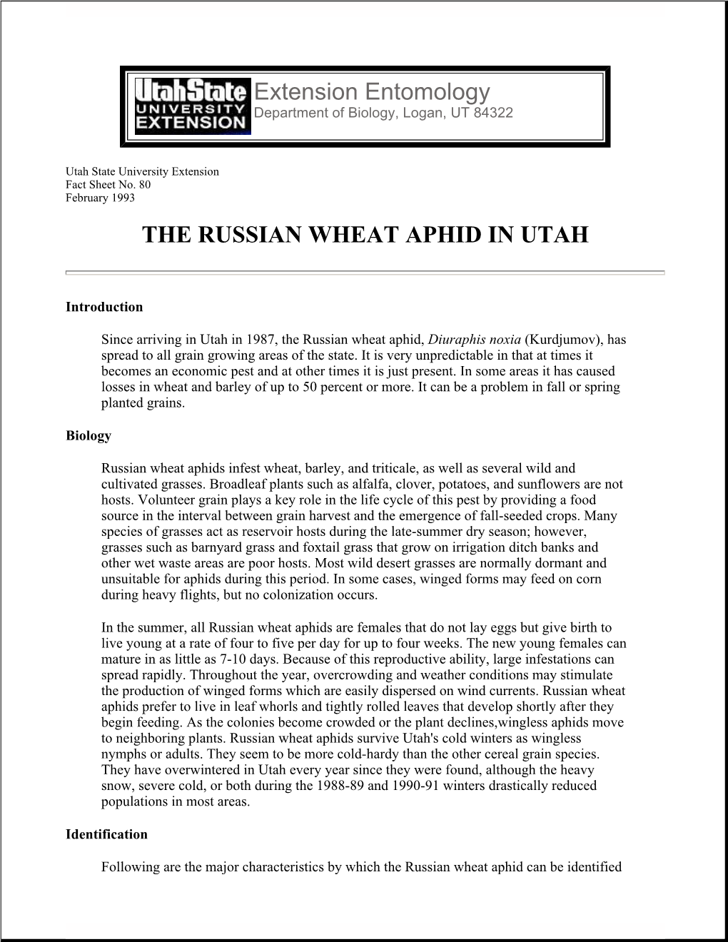 The Russian Wheat Aphid in Utah