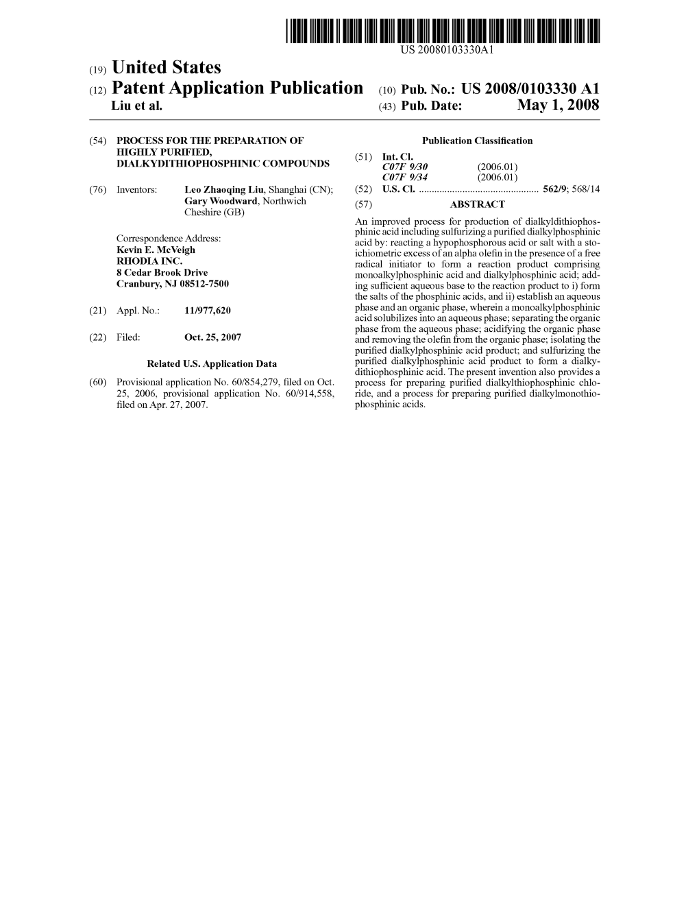 (12) Patent Application Publication (10) Pub. No.: US 2008/0103330 A1 Liu Et Al