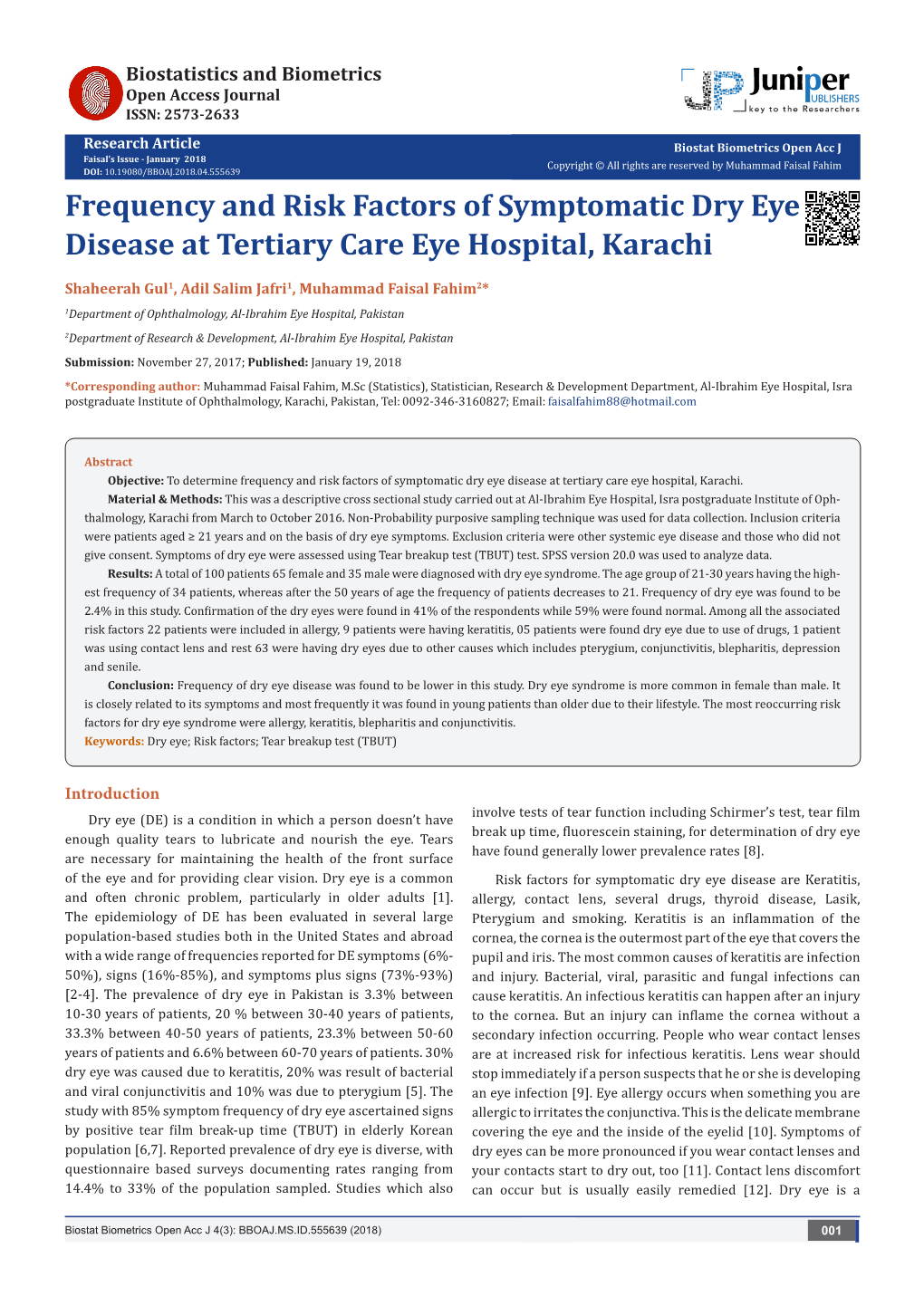 Frequency and Risk Factors of Symptomatic Dry Eye Disease at Tertiary Care Eye Hospital, Karachi