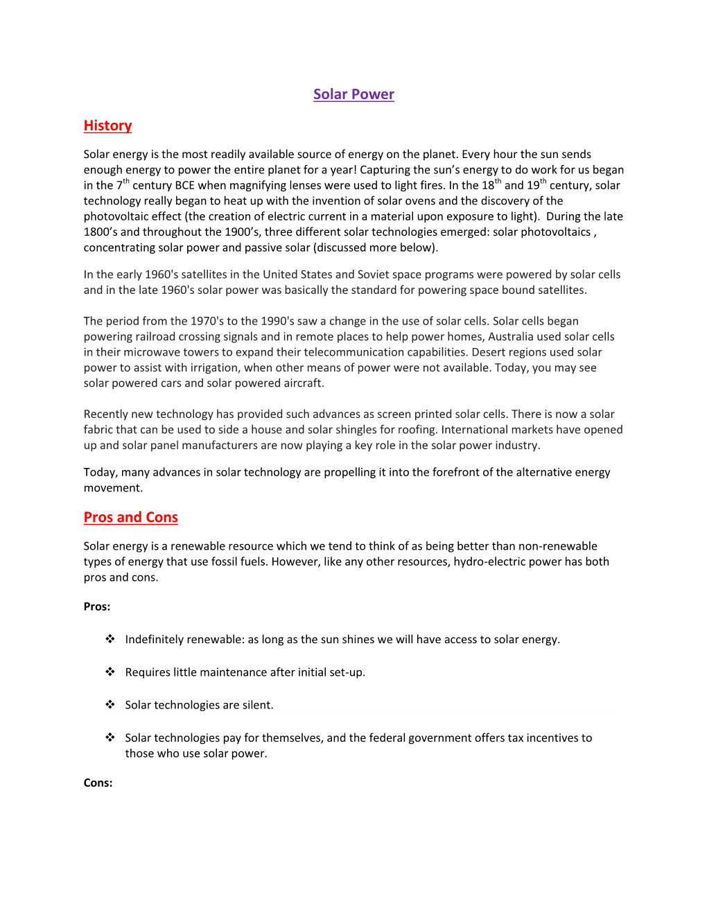 Solar Power History Pros and Cons