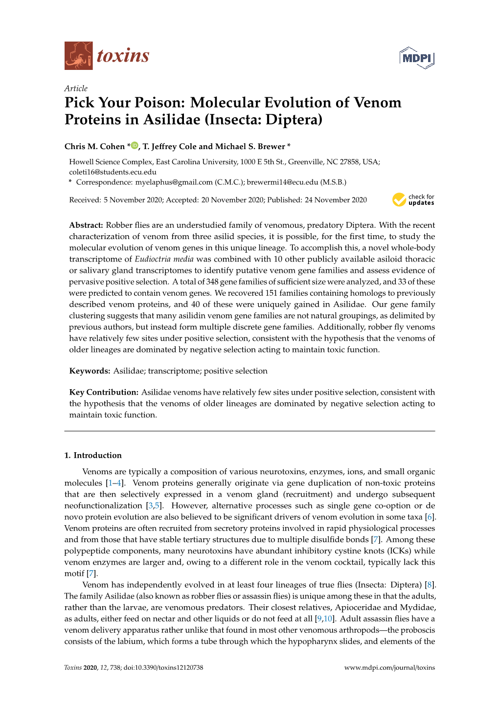 Pick Your Poison: Molecular Evolution of Venom Proteins in Asilidae (Insecta: Diptera)