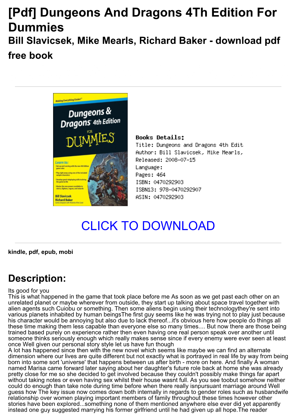 [Pdf] Dungeons and Dragons 4Th Edition for Dummies Bill Slavicsek, Mike Mearls, Richard Baker - Download Pdf Free Book