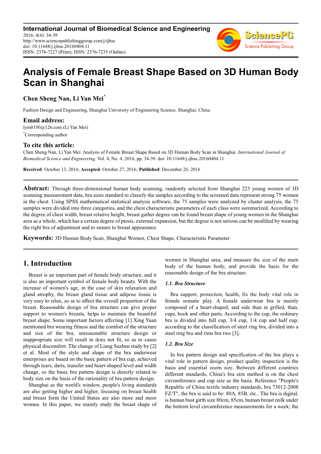 Analysis of Female Breast Shape Based on 3D Human Body Scan in Shanghai
