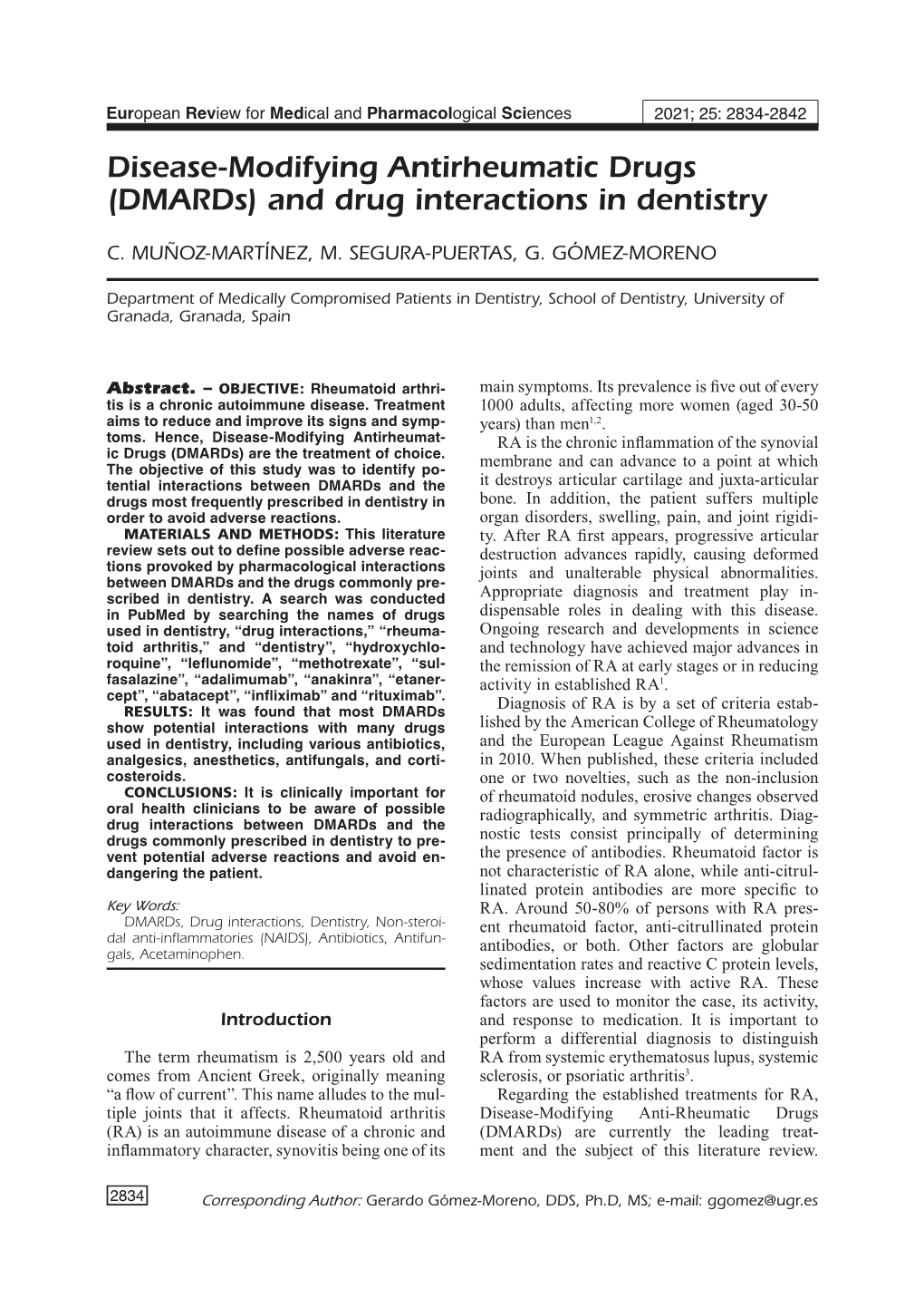 Disease-Modifying Antirheumatic Drugs (Dmards) and Drug Interactions in Dentistry