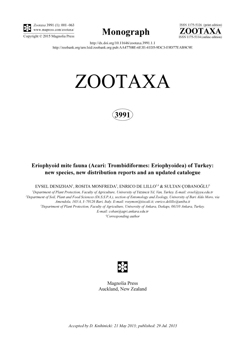 Eriophyoid Mite Fauna (Acari: Trombidiformes: Eriophyoidea) of Turkey: New Species, New Distribution Reports and an Updated Catalogue