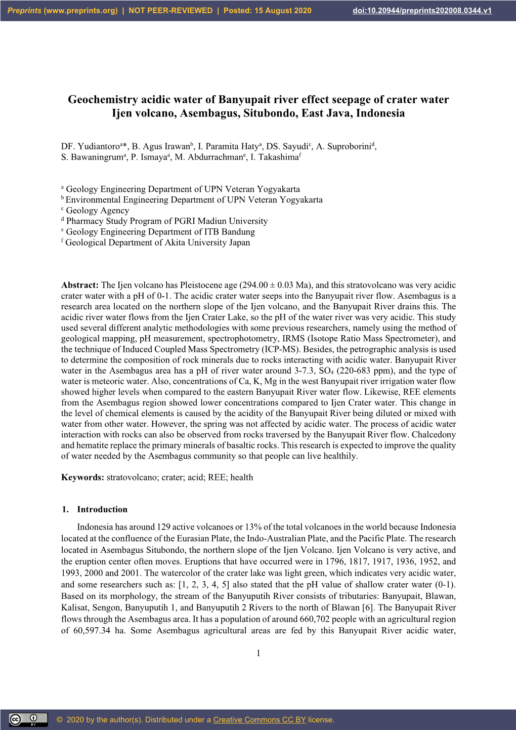 Geochemistry Acidic Water of Banyupait River Effect Seepage of Crater Water Ijen Volcano, Asembagus, Situbondo, East Java, Indonesia