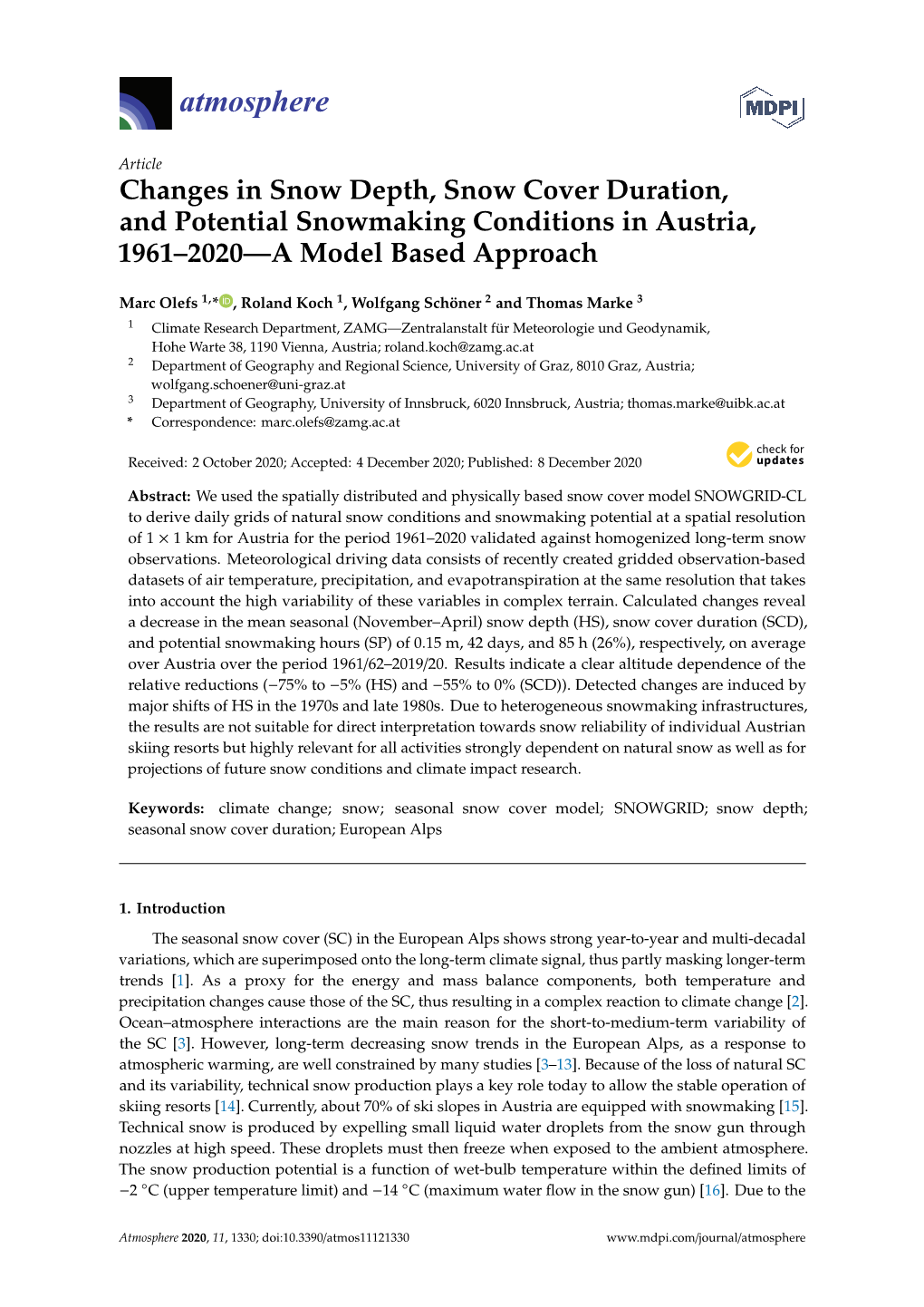 Changes in Snow Depth, Snow Cover Duration, and Potential Snowmaking Conditions in Austria, 1961–2020—A Model Based Approach