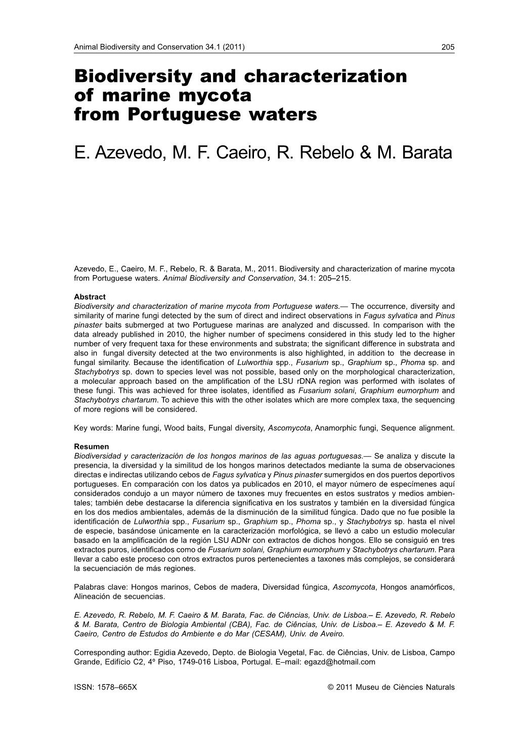 Biodiversity and Characterization of Marine Mycota from Portuguese Waters