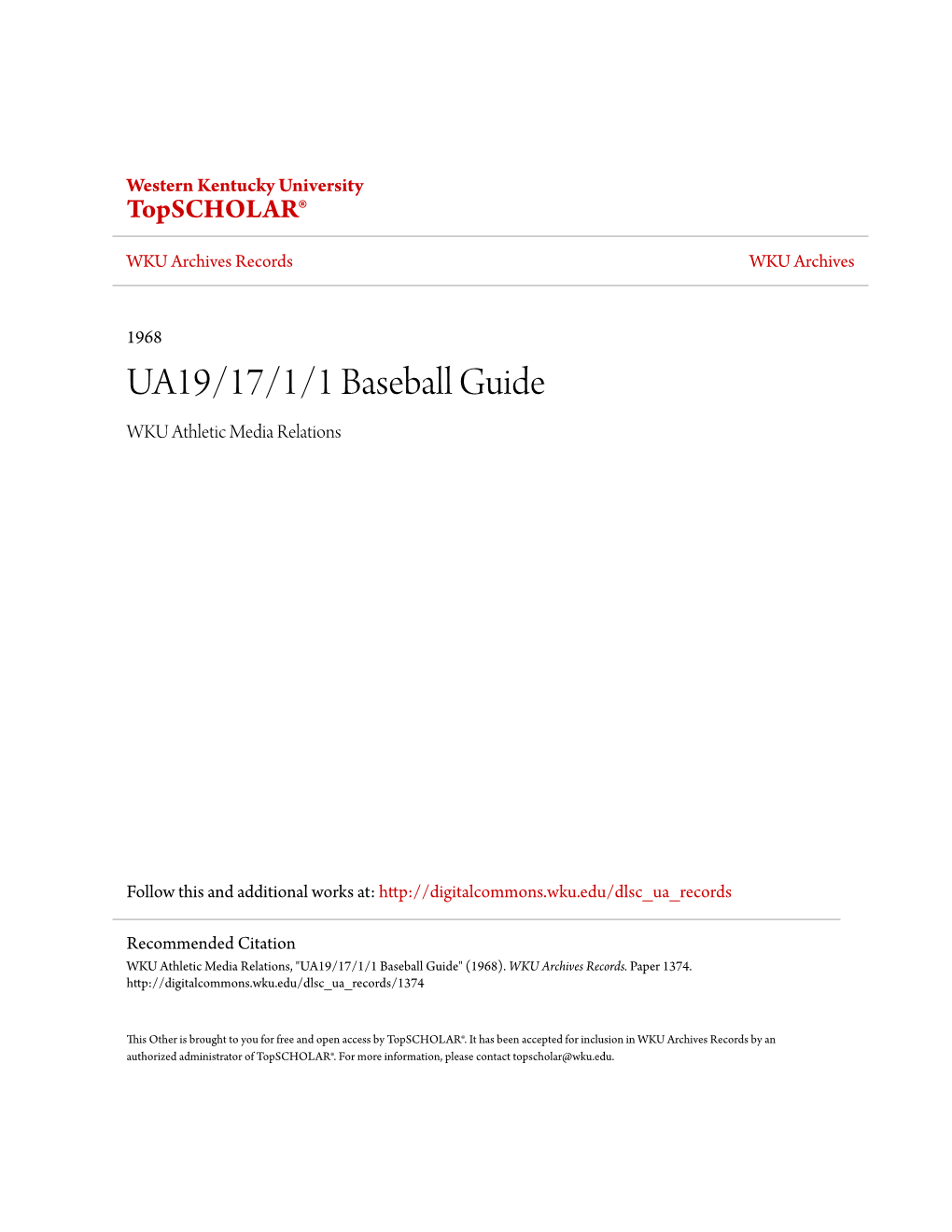 UA19/17/1/1 Baseball Guide WKU Athletic Media Relations