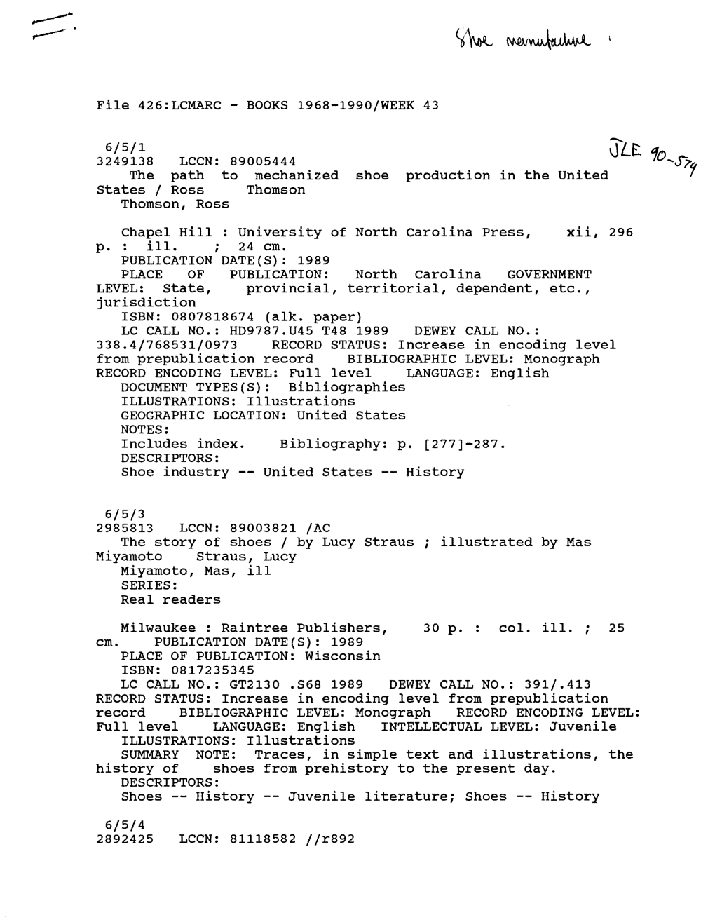 BOOKS 1968-1990/WEEK 43 3249138 LCCN: 89005444 the Path to Mechanized Shoe Production in the United States IR