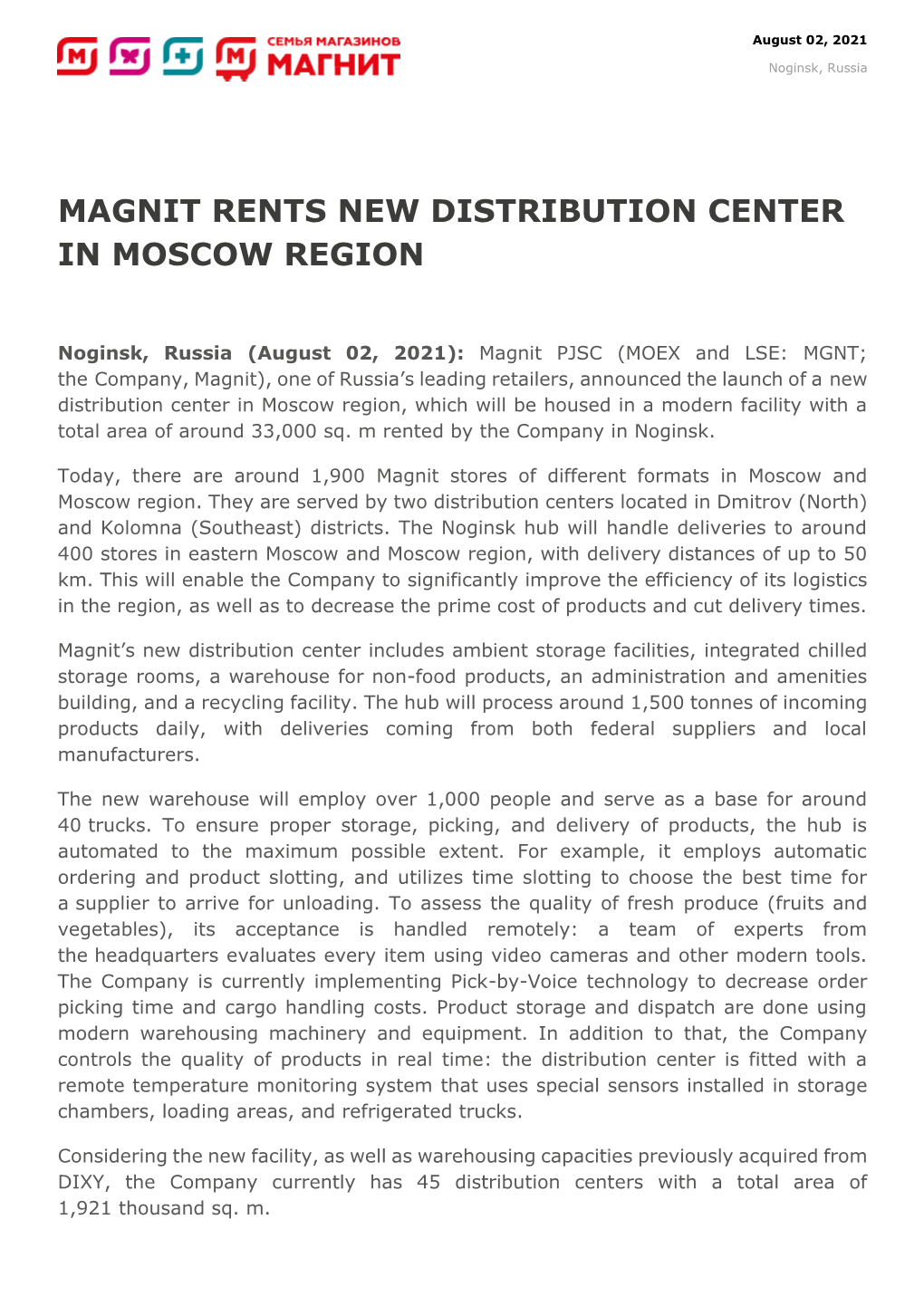 Magnit Rents New Distribution Center in Moscow Region