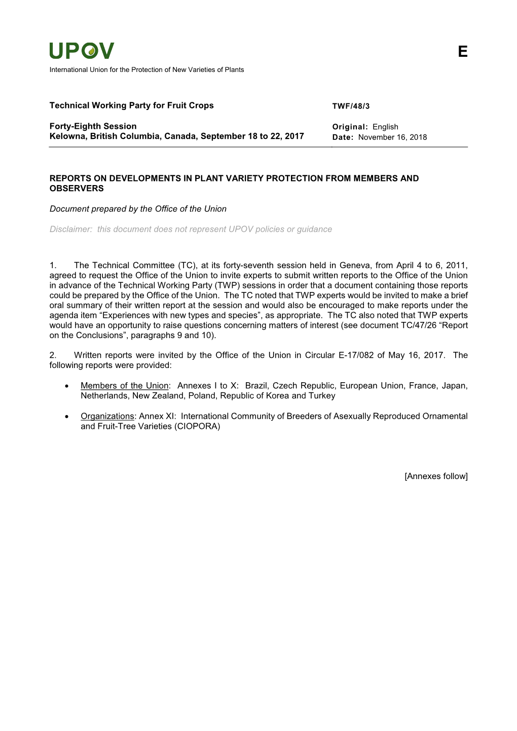 Technical Working Party for Fruit Crops Forty-Eighth Session