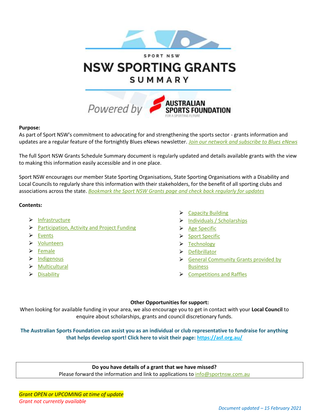 As Part of Sport NSW's Commitment to Advocating