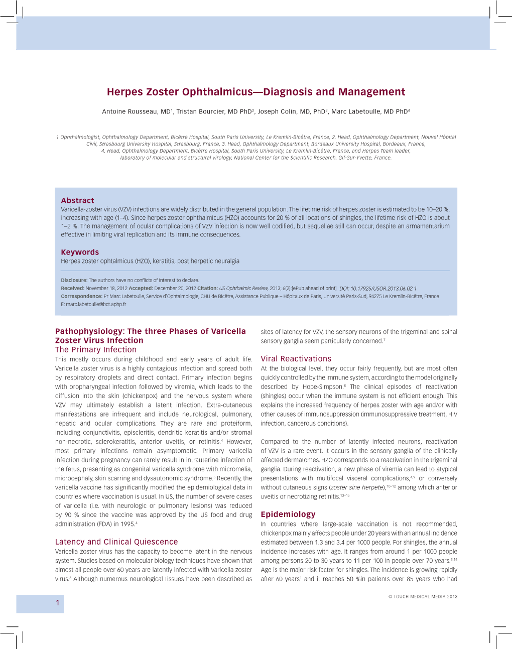 Herpes Zoster Ophthalmicus—Diagnosis and Management