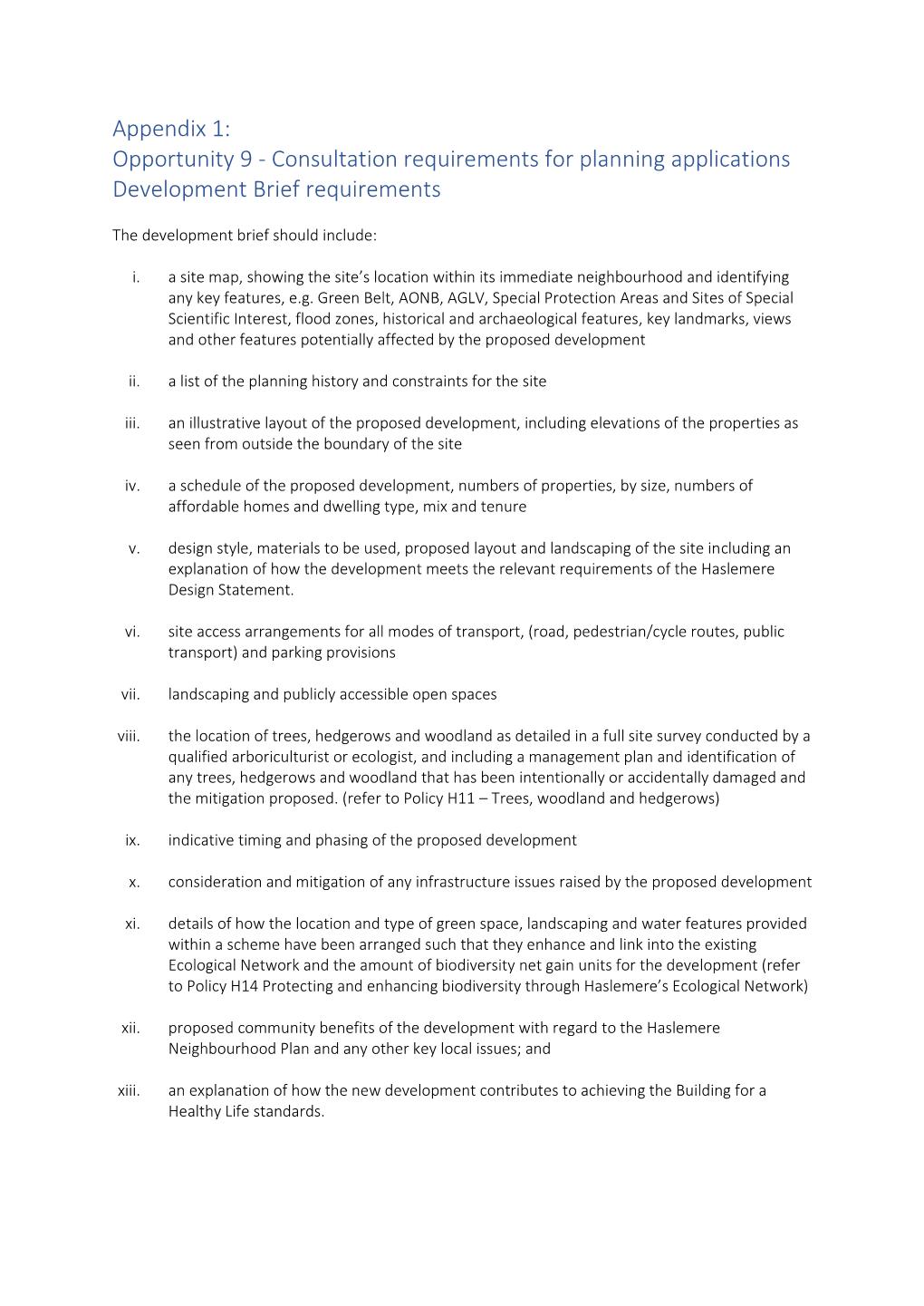 Consultation Requirements for Planning Applications Development Brief Requirements