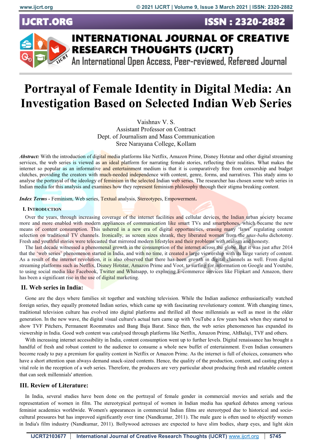 Portrayal of Female Identity in Digital Media: an Investigation Based on Selected Indian Web Series