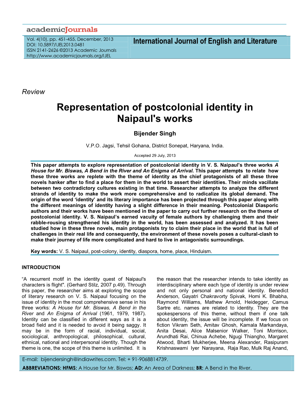 Representation of Postcolonial Identity in Naipaul's Works