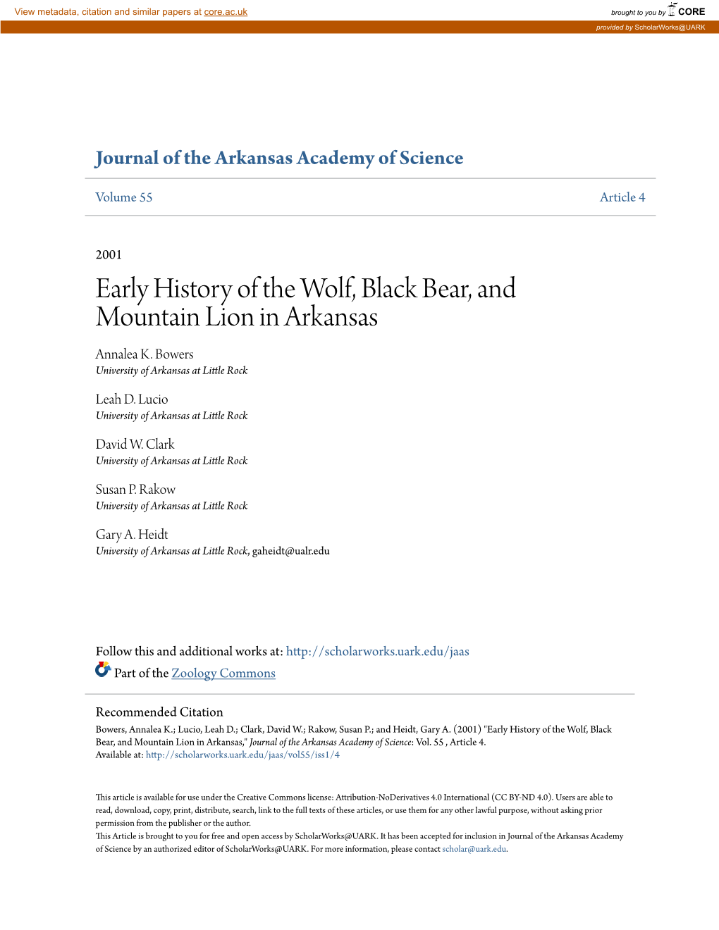 Early History of the Wolf, Black Bear, and Mountain Lion in Arkansas Annalea K