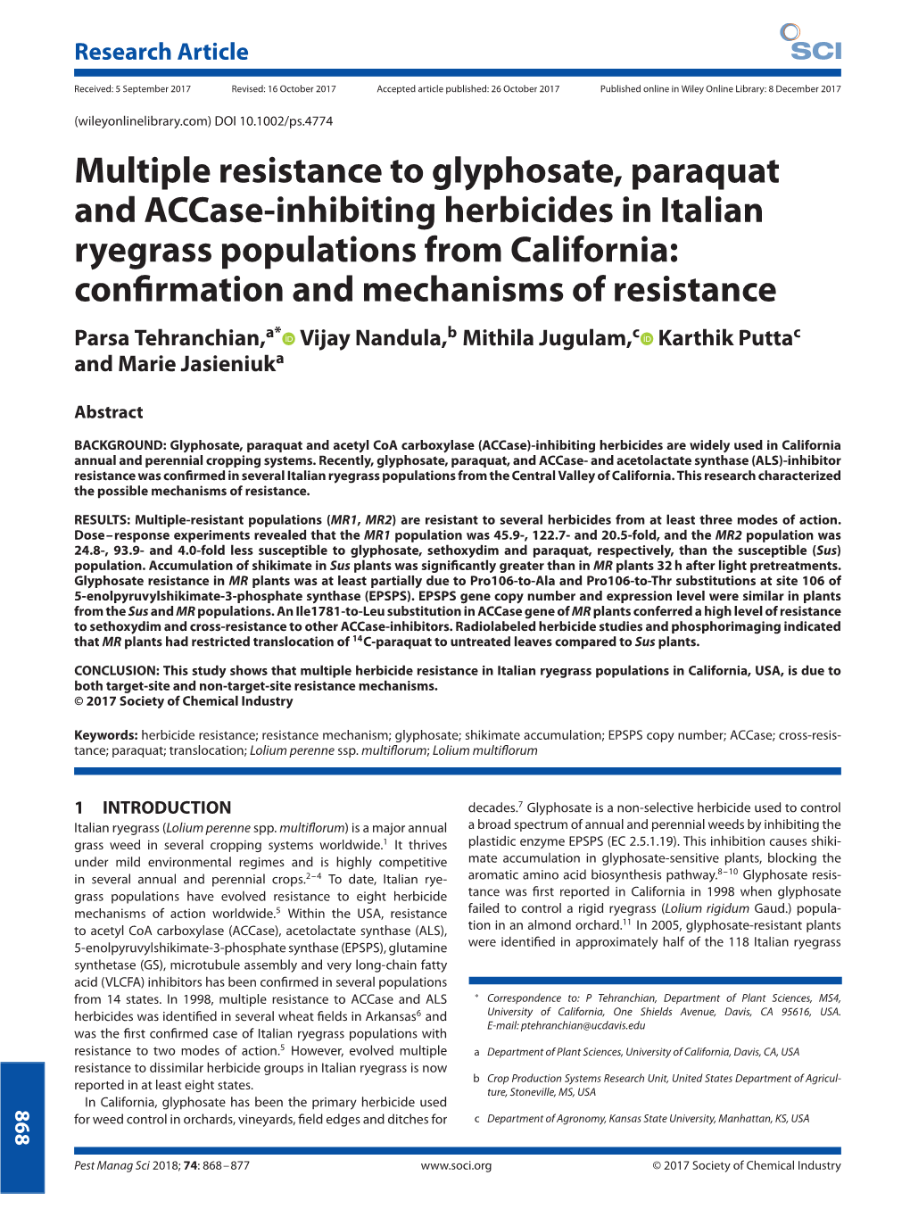 Multiple Resistance to Glyphosate, Paraquat and Accase