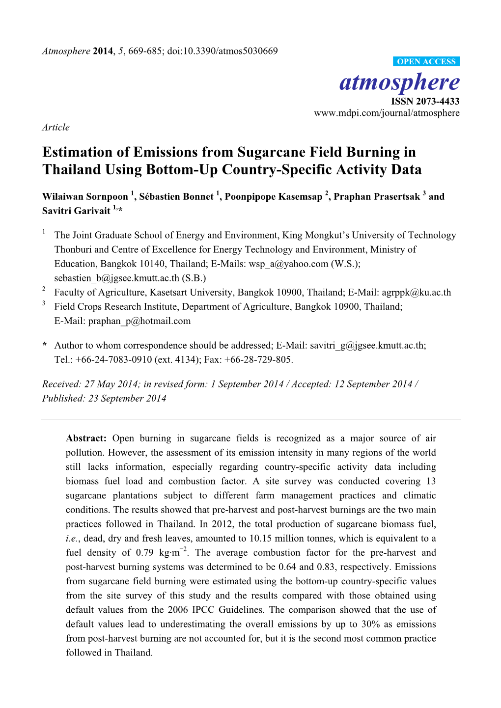 Estimation of Emissions from Sugarcane Field Burning in Thailand Using Bottom-Up Country-Specific Activity Data