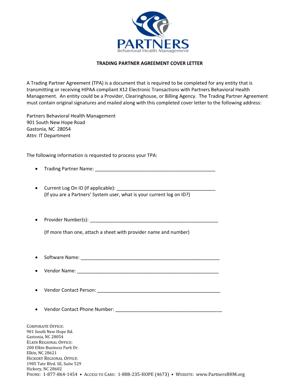 Trading Partner Agreement Cover Letter