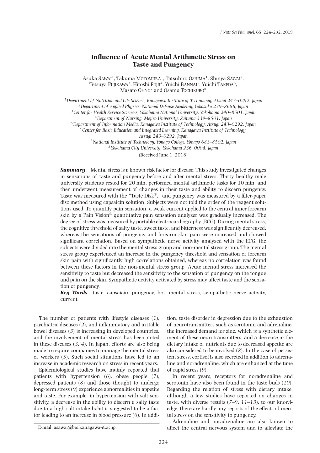 Influence of Acute Mental Arithmetic Stress on Taste and Pungency