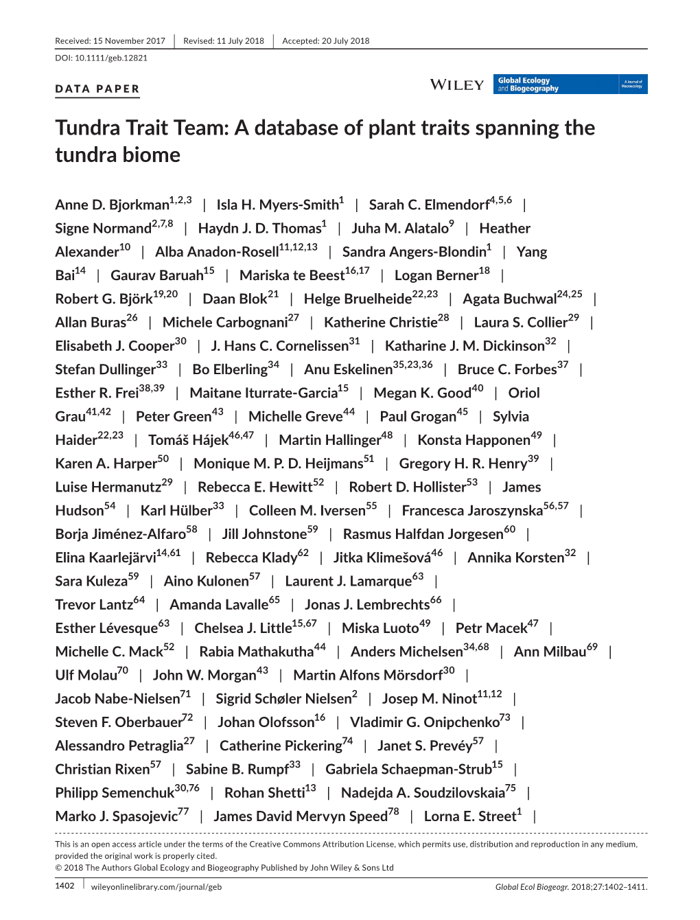 A Database of Plant Traits Spanning the Tundra Biome