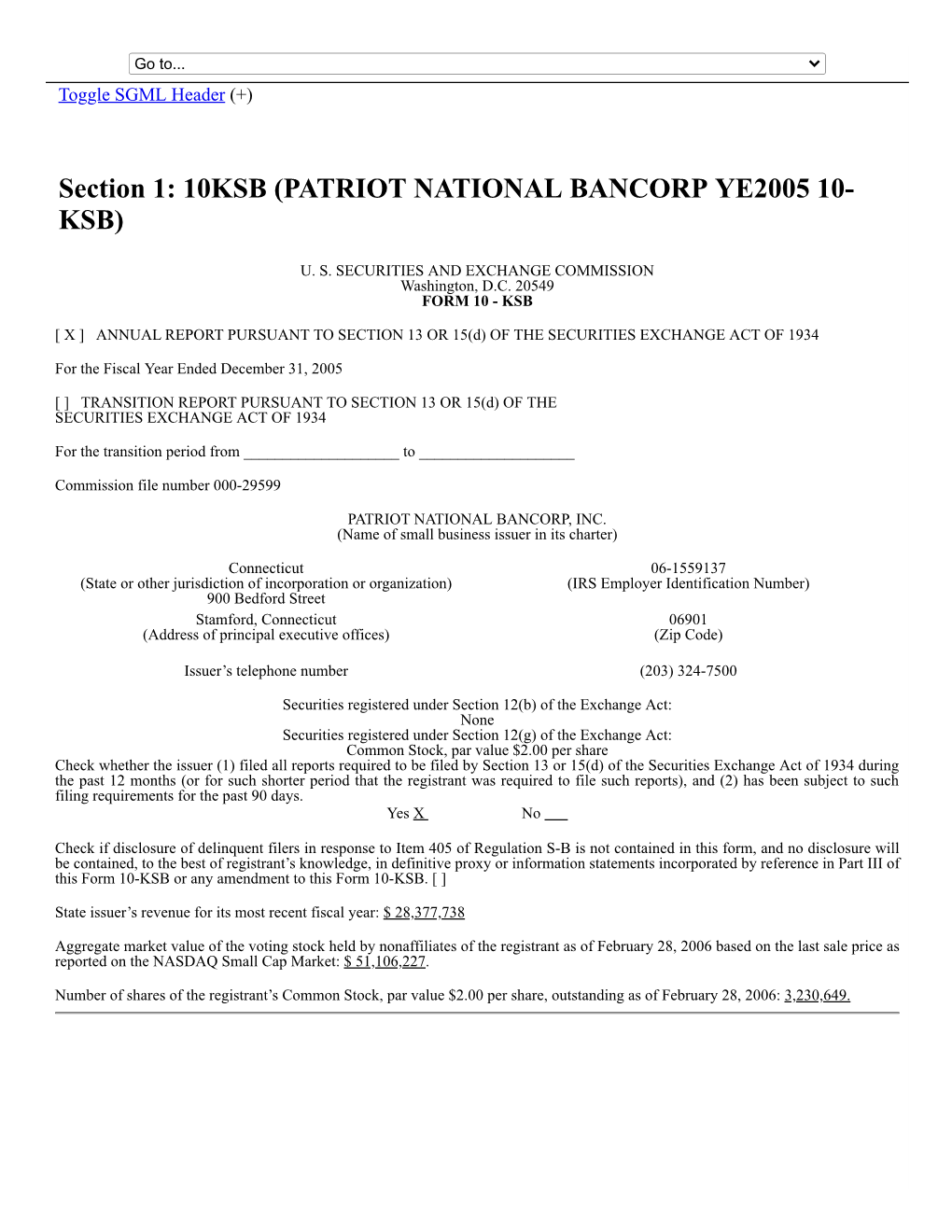Section 1: 10KSB (PATRIOT NATIONAL BANCORP YE2005 10- KSB)
