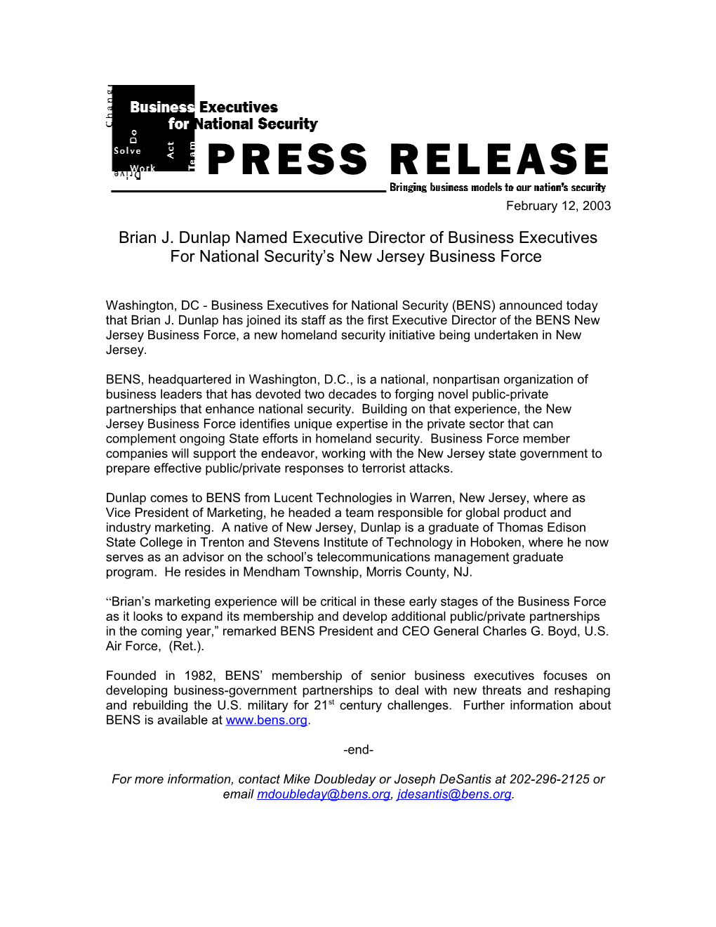 Brian J. Dunlap Named Executive Director of Business Executives for National Security S