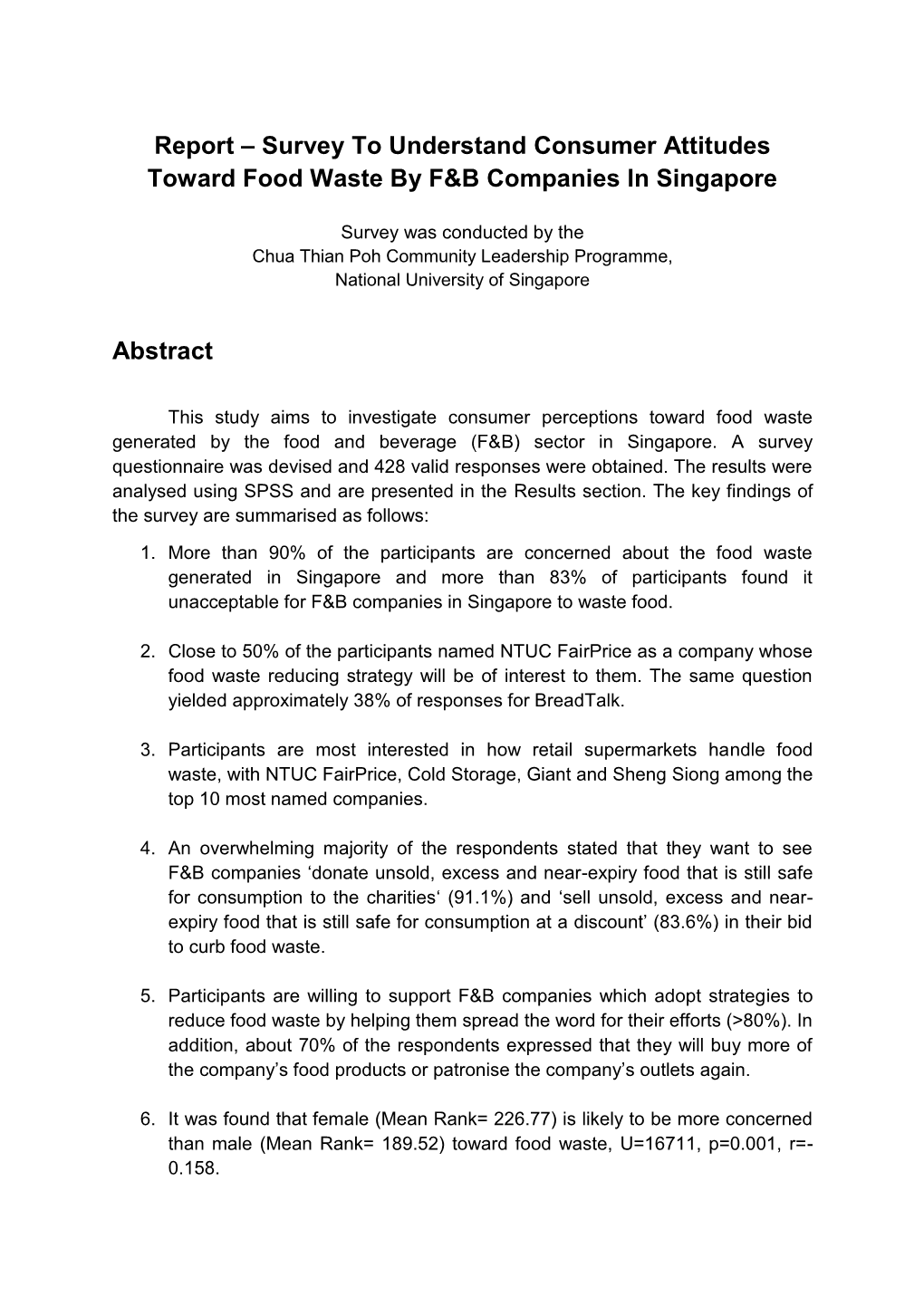 Survey to Understand Consumer Attitudes Toward Food Waste by F&B Companies in Singapore