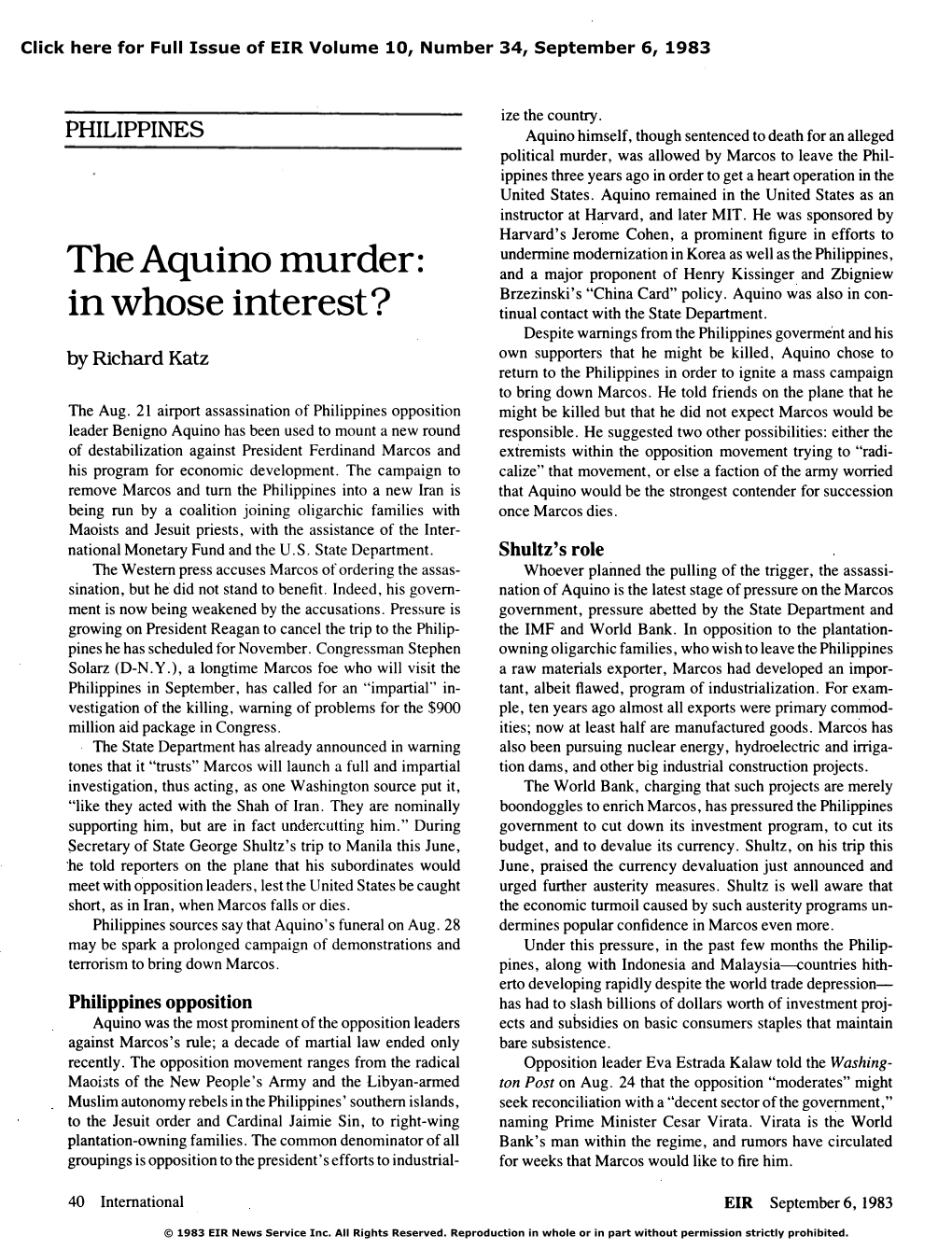 Philippines: the Aquino Murder: in Whose Interest?