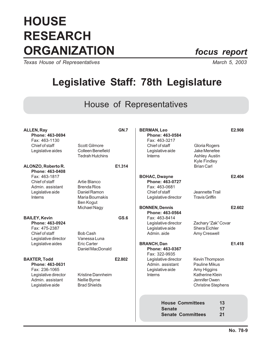 Legislative Staff: 78Th Legislature