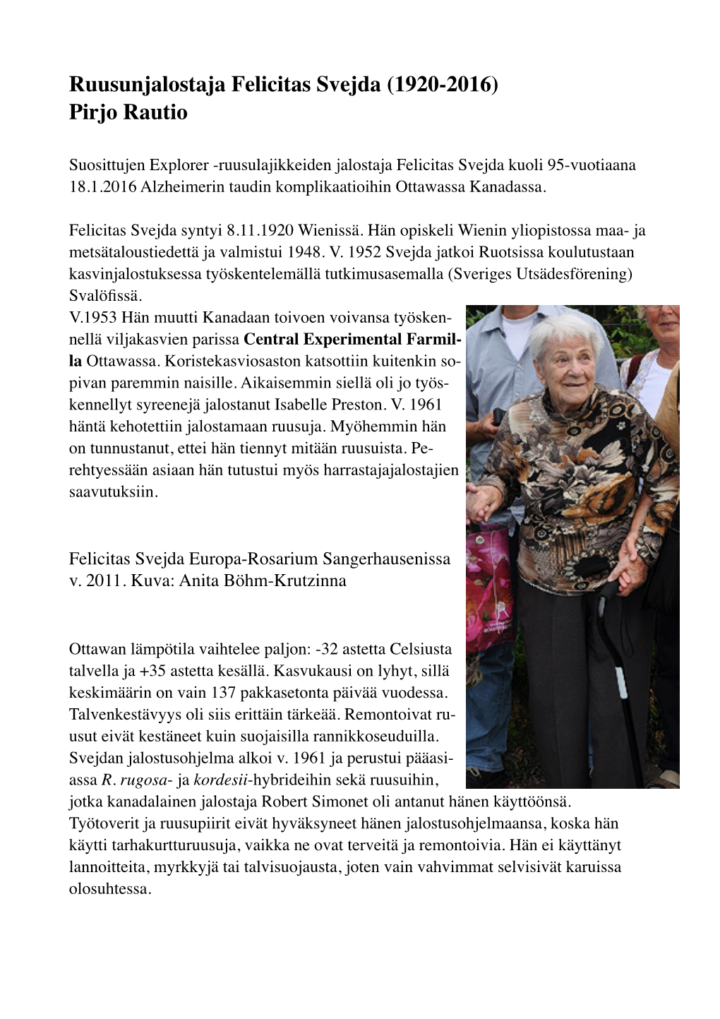 Rautio P.; Ruusunjalostaja Felicitas Svejda (1920-2016)