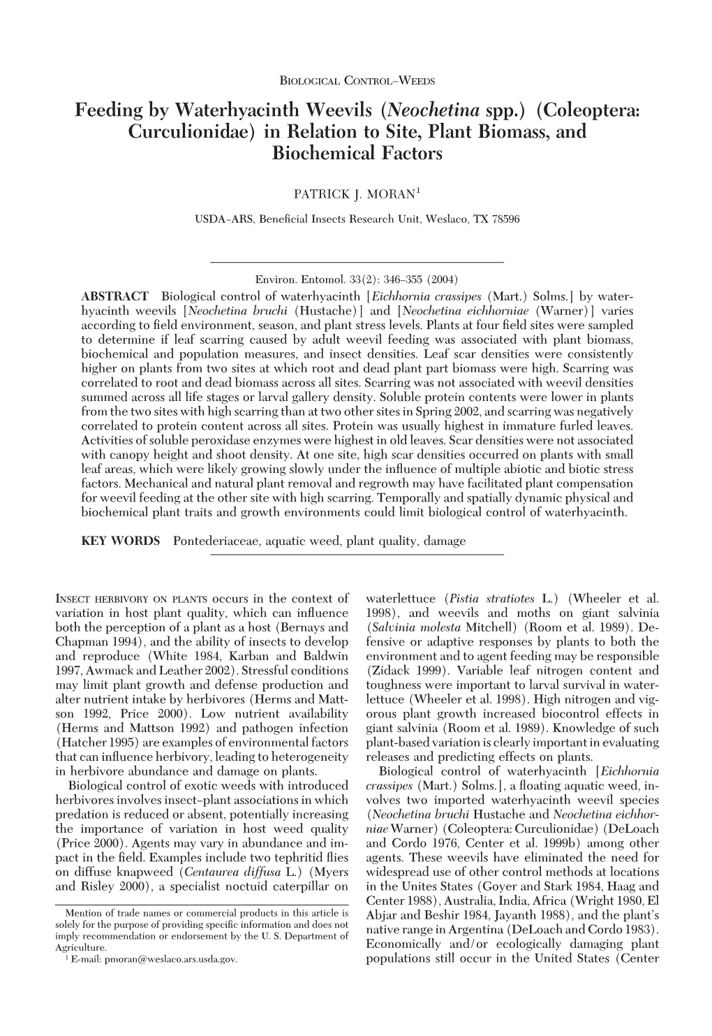 Feeding by Waterhyacinth Weevils (Neochetina Spp.) (Coleoptera: Curculionidae) in Relation to Site, Plant Biomass, and Biochemical Factors