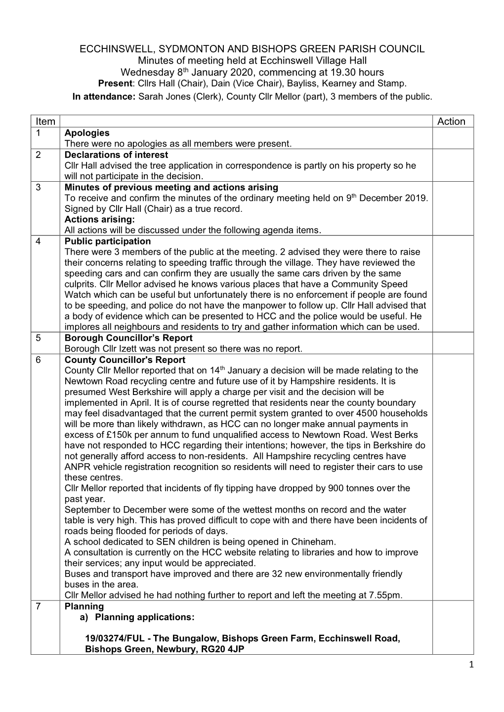 1 ECCHINSWELL, SYDMONTON and BISHOPS GREEN PARISH COUNCIL Minutes of Meeting Held at Ecchinswell Village Hall Wednesday 8Th Janu