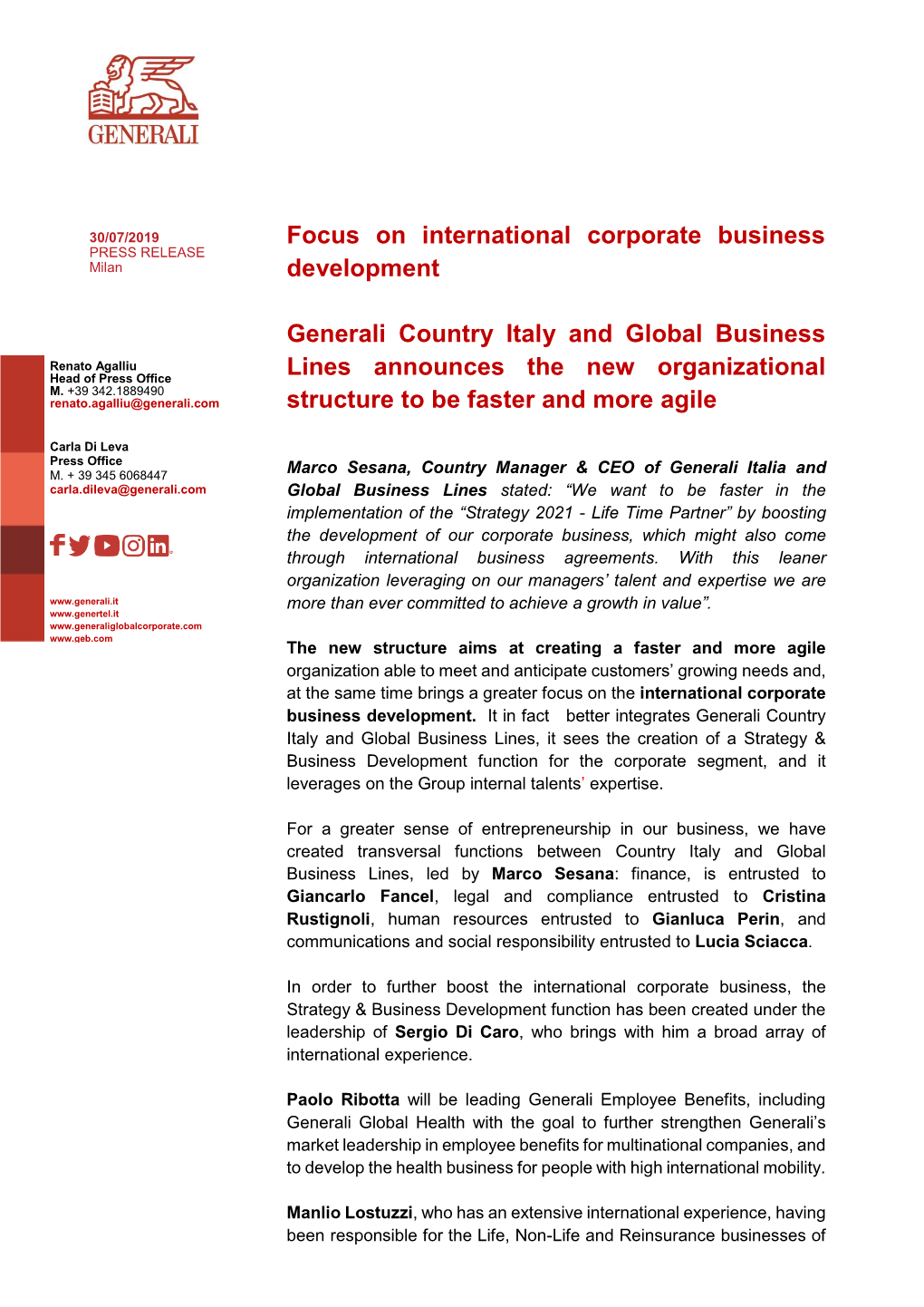 Focus on International Corporate Business Development Generali Country Italy and Global Business Lines Announces the New Organiz