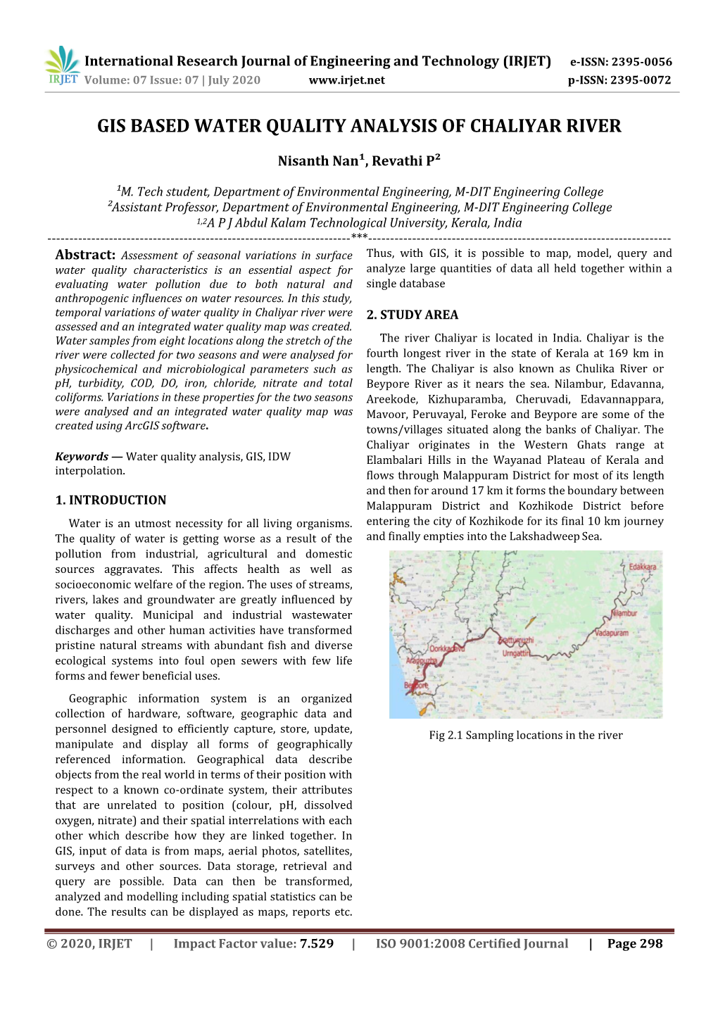 Gis Based Water Quality Analysis of Chaliyar River