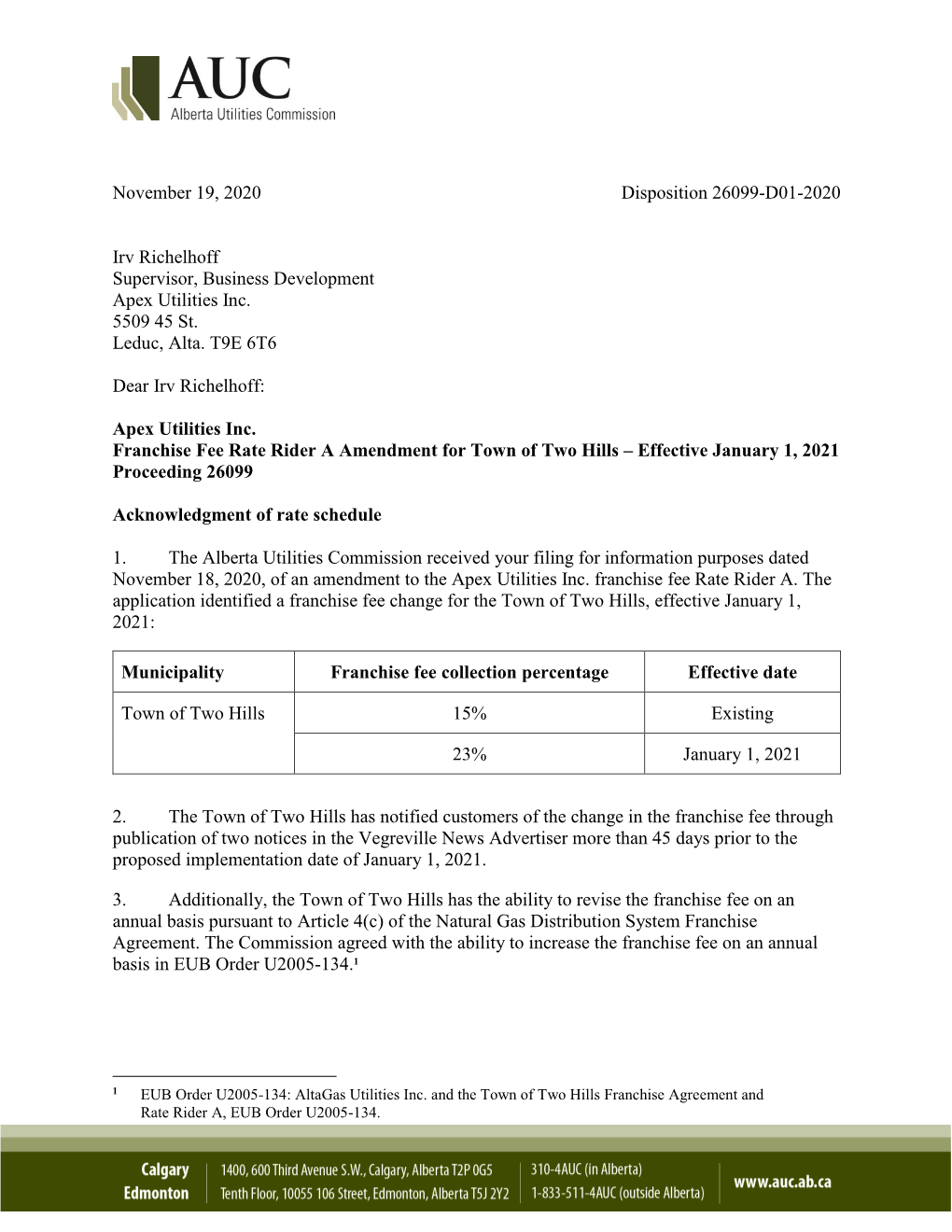 Disposition 26099-D01-2020 Apex Acknowledgment of Rate Rider A