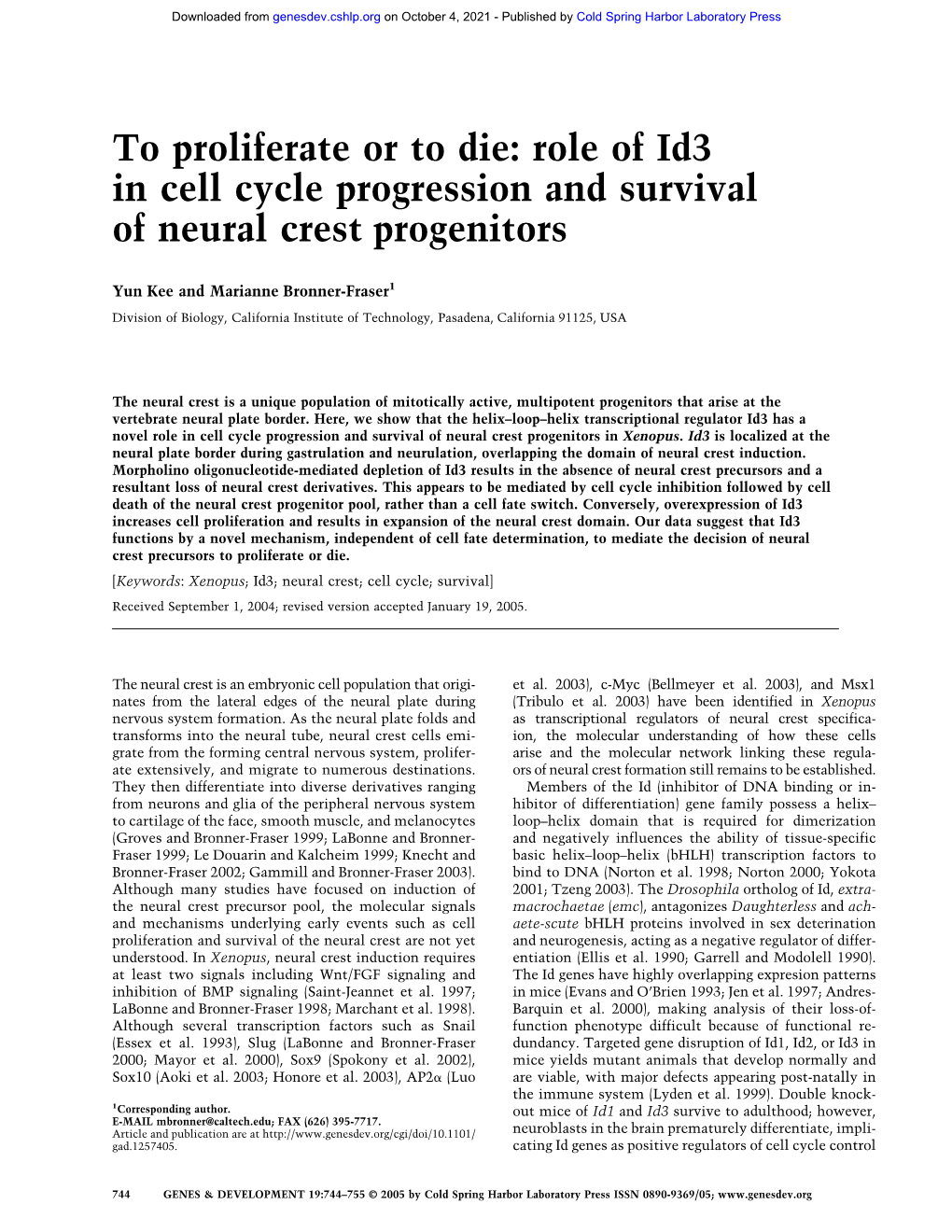 To Proliferate Or to Die: Role of Id3 in Cell Cycle Progression and Survival of Neural Crest Progenitors