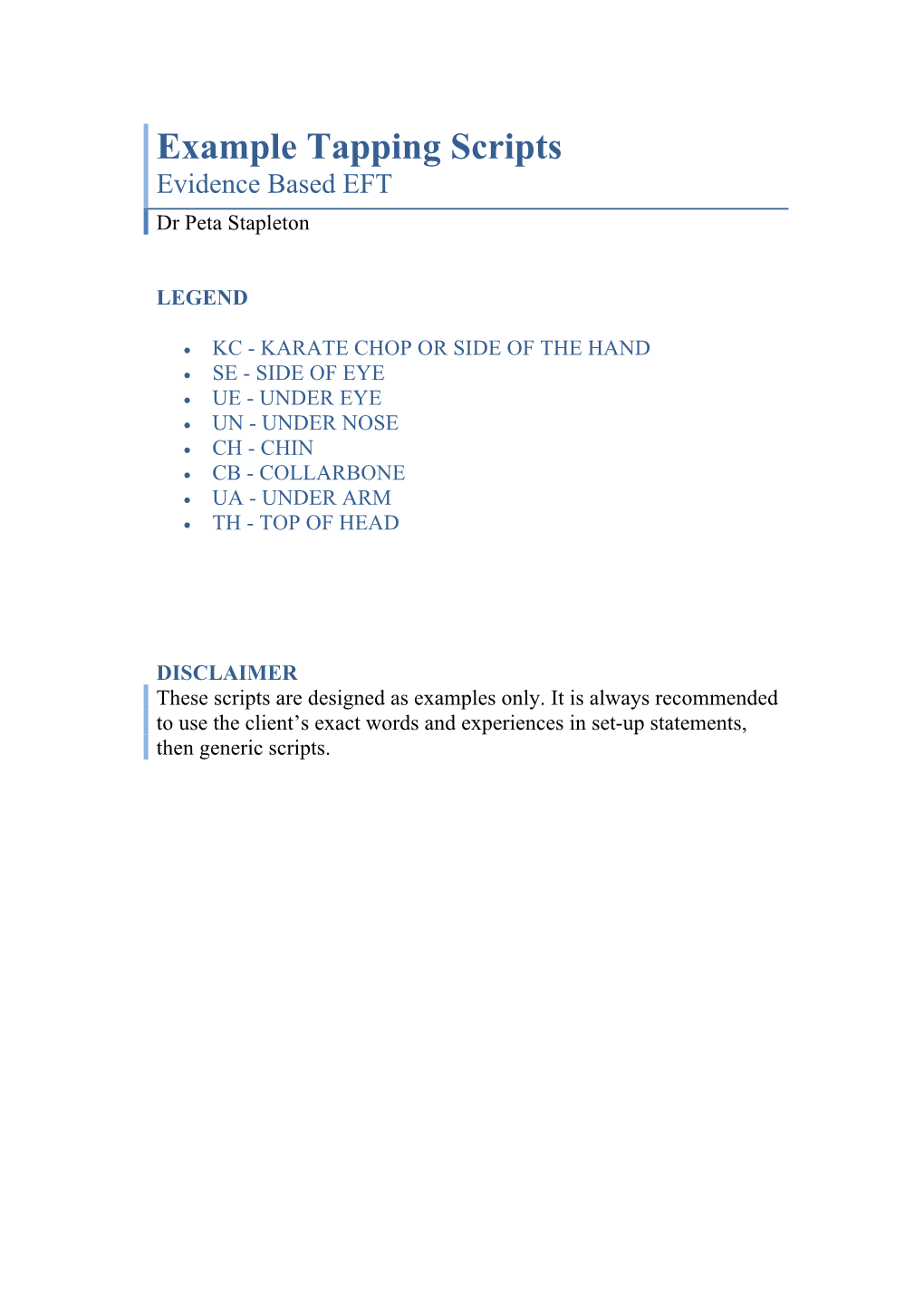 Example Tapping Scripts Evidence Based EFT Dr Peta Stapleton