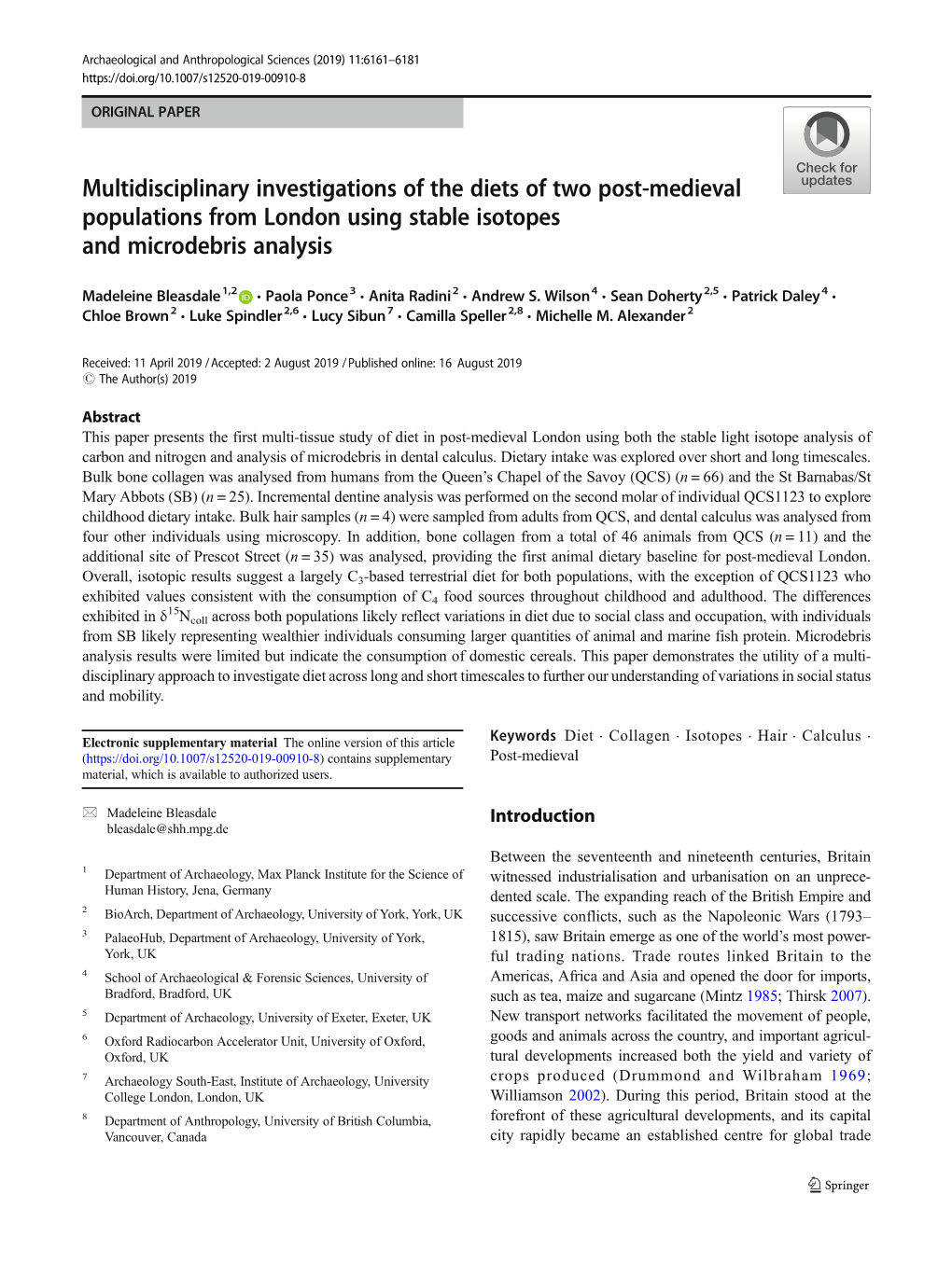 Multidisciplinary Investigations of the Diets of Two Post-Medieval Populations from London Using Stable Isotopes and Microdebris Analysis