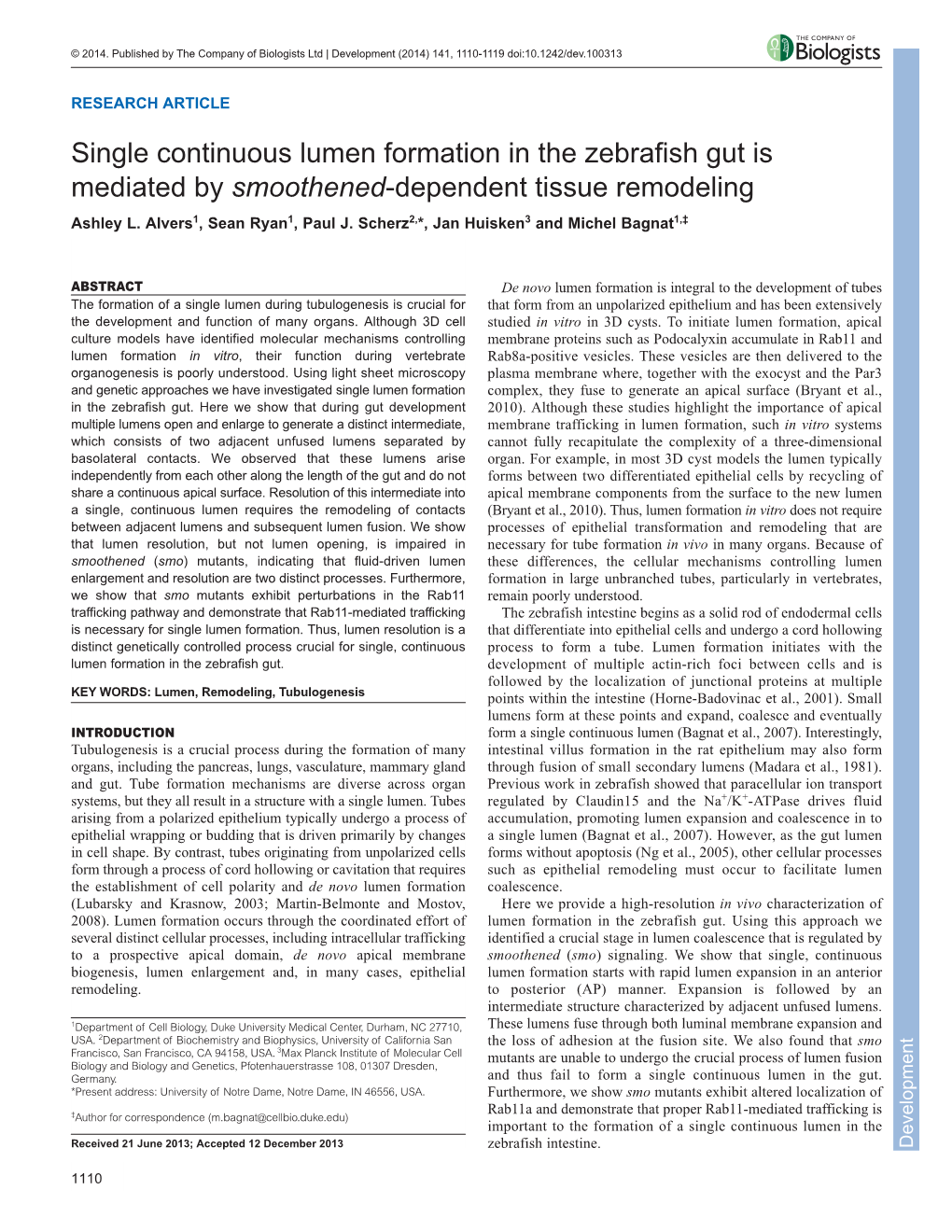 Single Continuous Lumen Formation in the Zebrafish Gut Is Mediated by Smoothened-Dependent Tissue Remodeling Ashley L