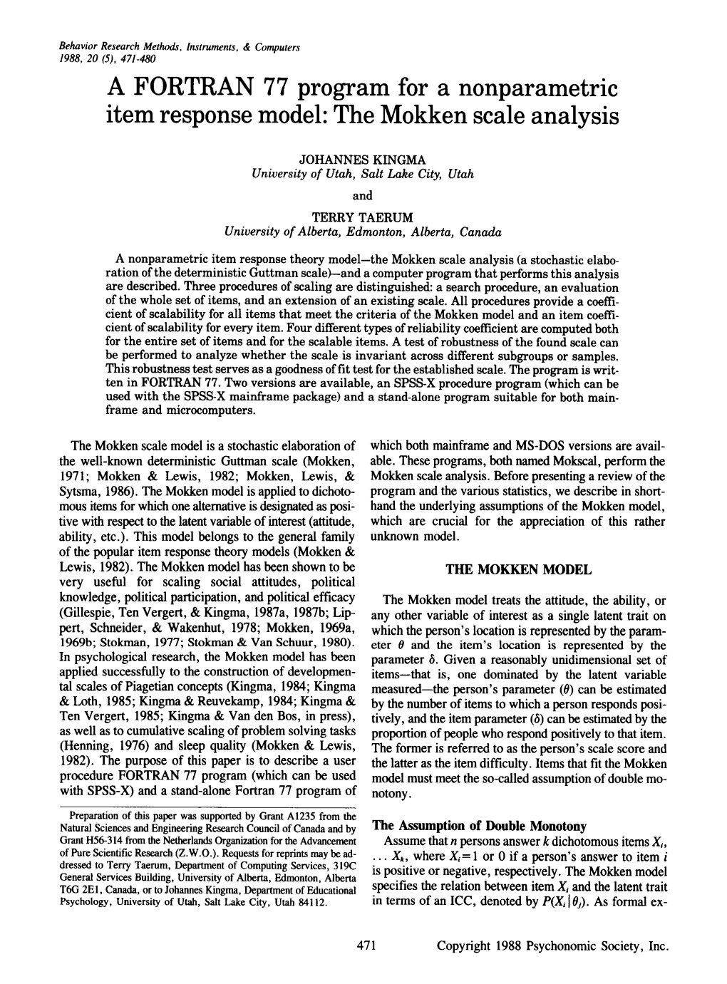 A FORTRAN 77 Program for a Nonparametric Item Response Model: the Mokken Scale Analysis