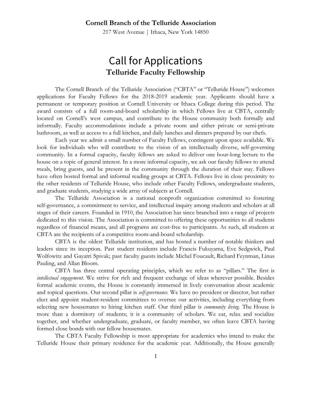 Call for Applications Telluride Faculty Fellowship