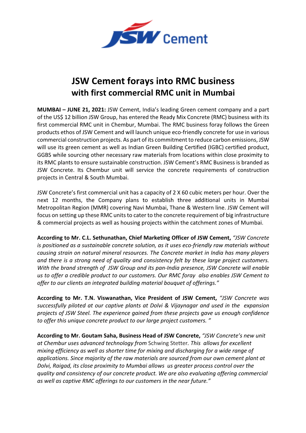 JSW Cement Forays Into RMC Business with First Commercial RMC Unit in Mumbai