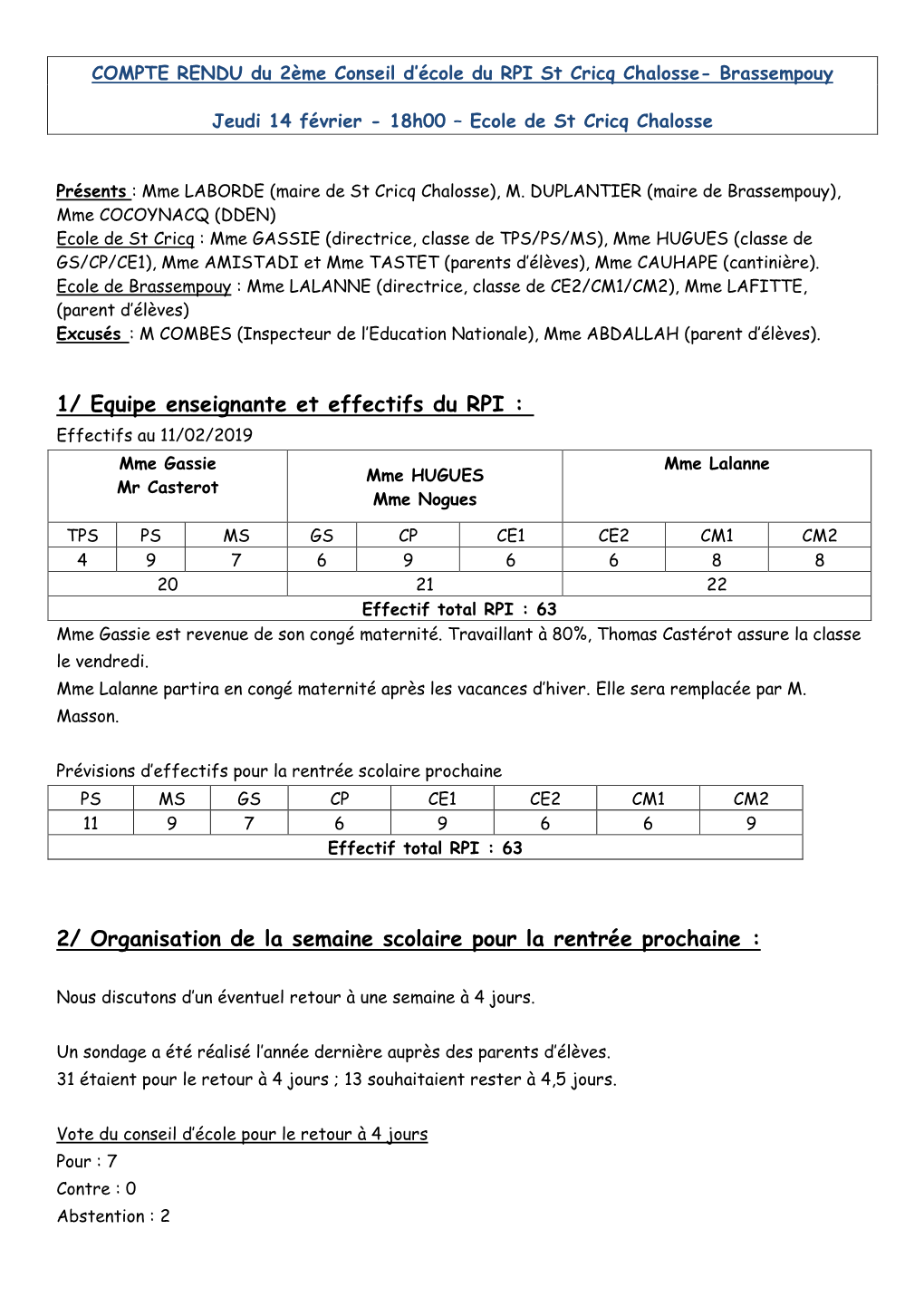 1/ Equipe Enseignante Et Effectifs Du RPI : 2